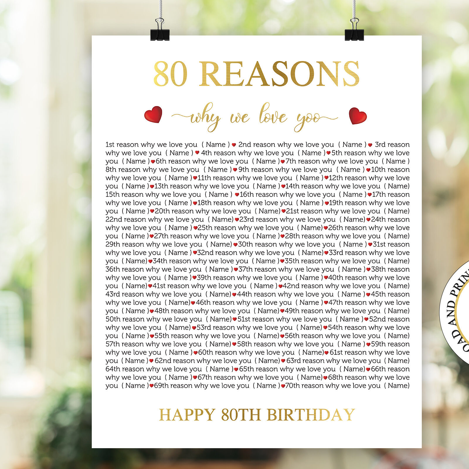 80 Reasons We Love You Print